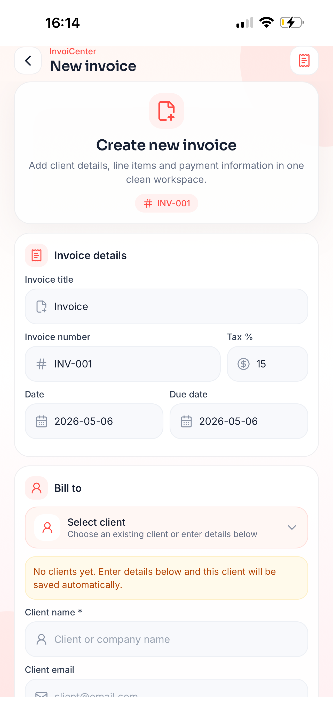 Create invoice Invoicenter mobile screen