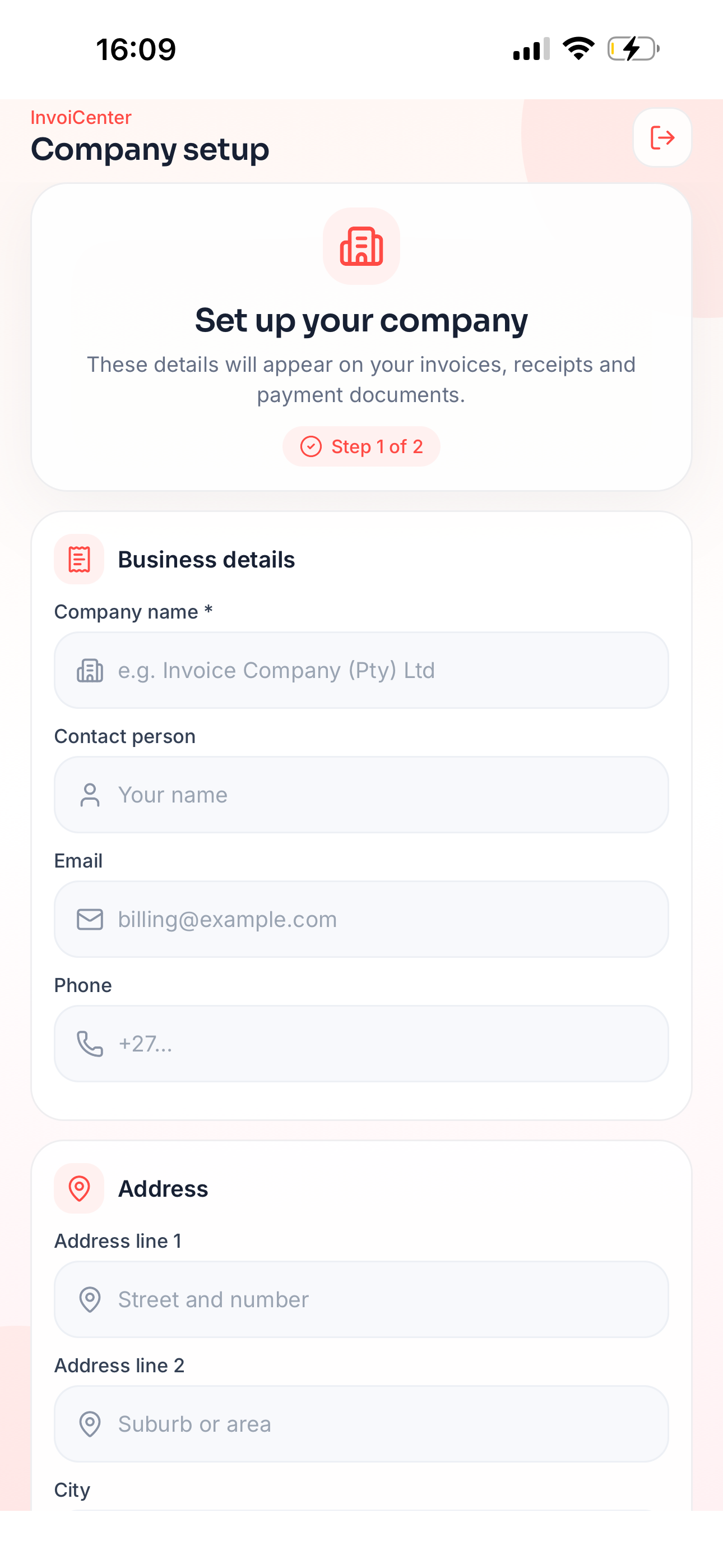Company Setup Invoicenter mobile screen